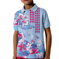 Hawaiian Tribal Manta Ray Kid Polo Shirt Kakau Tattoo and Flowers Surfing Waves Pattern Soft Color