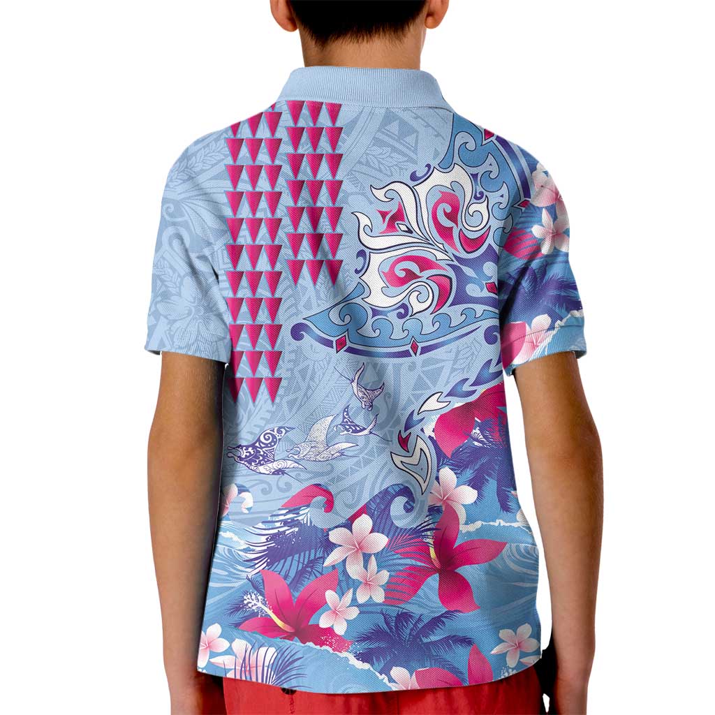 Hawaiian Tribal Manta Ray Kid Polo Shirt Kakau Tattoo and Flowers Surfing Waves Pattern Soft Color