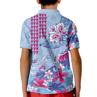 Hawaiian Tribal Manta Ray Kid Polo Shirt Kakau Tattoo and Flowers Surfing Waves Pattern Soft Color