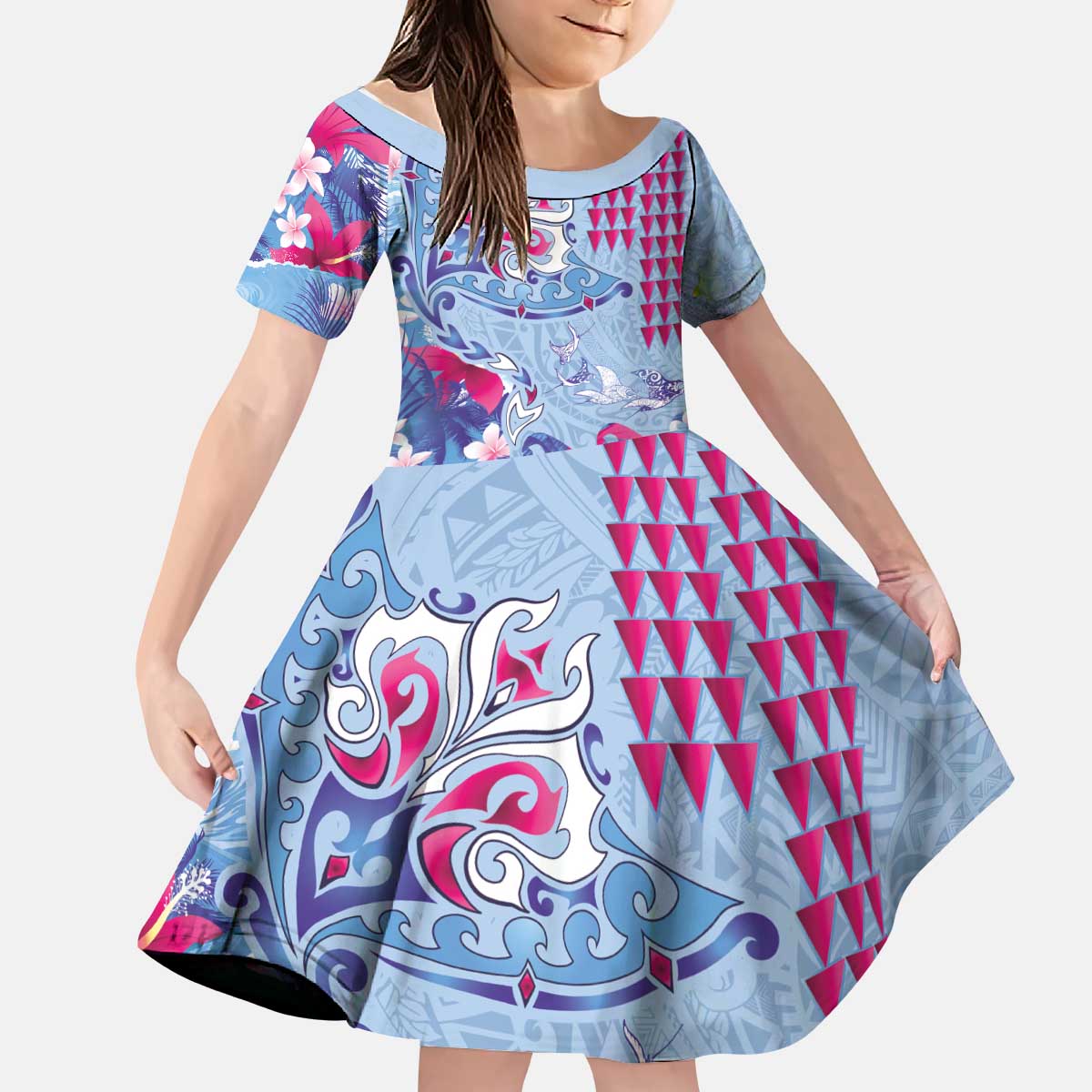 Hawaiian Tribal Manta Ray Kid Short Sleeve Dress Kakau Tattoo and Flowers Surfing Waves Pattern Soft Color