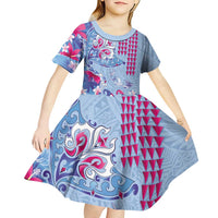 Hawaiian Tribal Manta Ray Kid Short Sleeve Dress Kakau Tattoo and Flowers Surfing Waves Pattern Soft Color