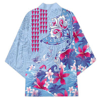 Hawaiian Tribal Manta Ray Kimono Kakau Tattoo and Flowers Surfing Waves Pattern Soft Color