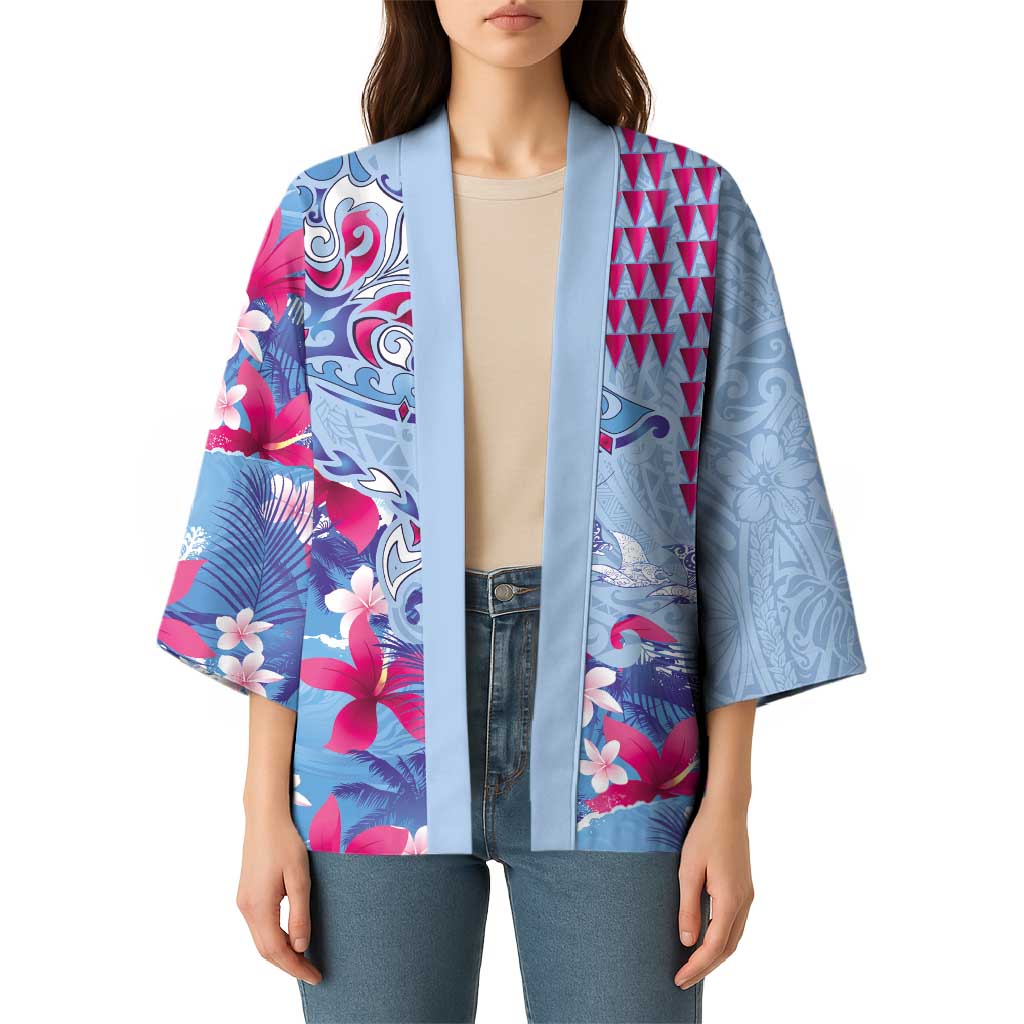 Hawaiian Tribal Manta Ray Kimono Kakau Tattoo and Flowers Surfing Waves Pattern Soft Color