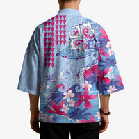 Hawaiian Tribal Manta Ray Kimono Kakau Tattoo and Flowers Surfing Waves Pattern Soft Color