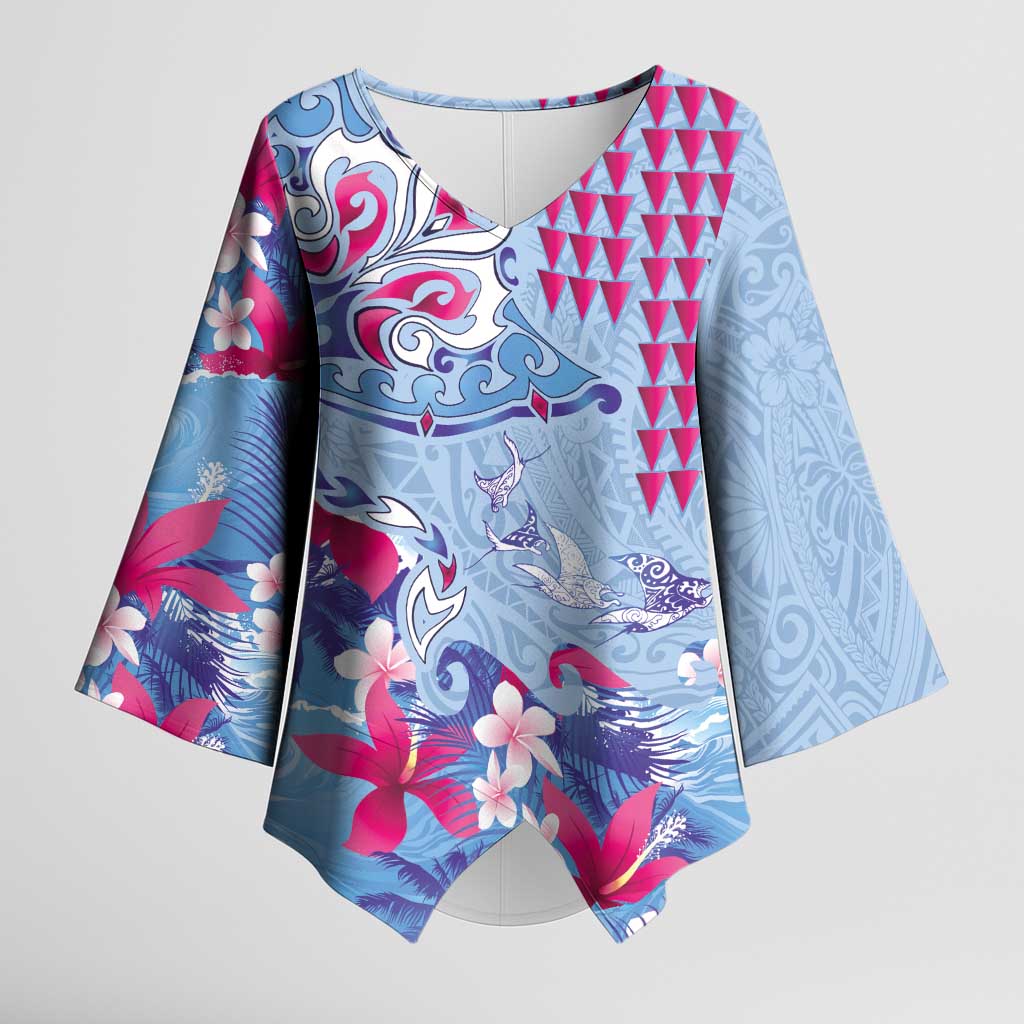 Hawaiian Tribal Manta Ray Kimono Sleeve Blouse Kakau Tattoo and Flowers Surfing Waves Pattern Soft Color