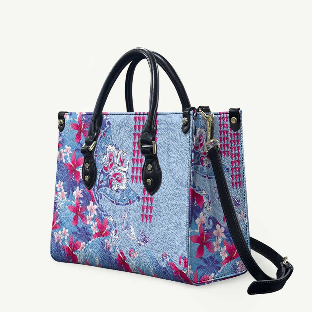 Hawaiian Tribal Manta Ray Leather Bag Kakau Tattoo and Flowers Surfing Waves Pattern Soft Color