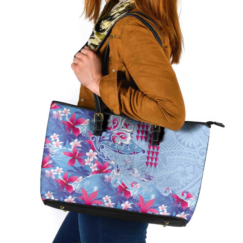 Hawaiian Tribal Manta Ray Leather Tote Bag Kakau Tattoo and Flowers Surfing Waves Pattern Soft Color