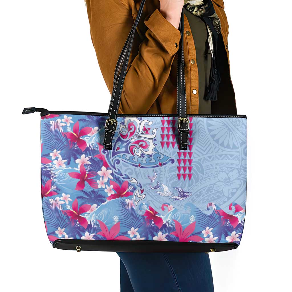 Hawaiian Tribal Manta Ray Leather Tote Bag Kakau Tattoo and Flowers Surfing Waves Pattern Soft Color