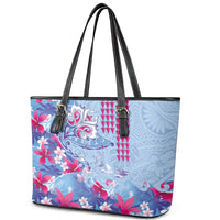 Hawaiian Tribal Manta Ray Leather Tote Bag Kakau Tattoo and Flowers Surfing Waves Pattern Soft Color