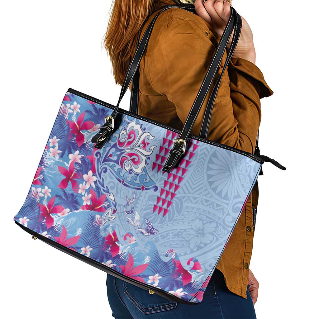 Hawaiian Tribal Manta Ray Leather Tote Bag Kakau Tattoo and Flowers Surfing Waves Pattern Soft Color