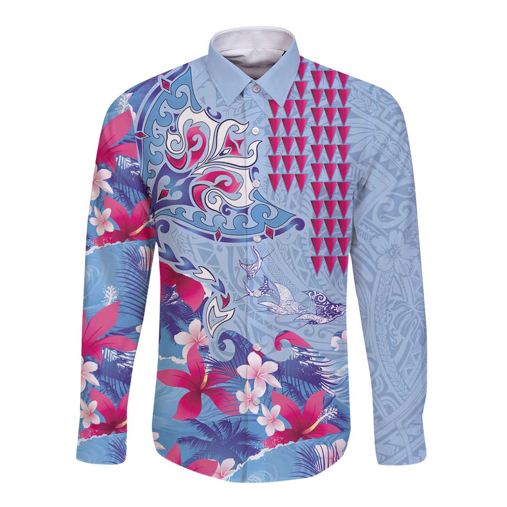 Hawaiian Tribal Manta Ray Long Sleeve Button Shirt Kakau Tattoo and Flowers Surfing Waves Pattern Soft Color