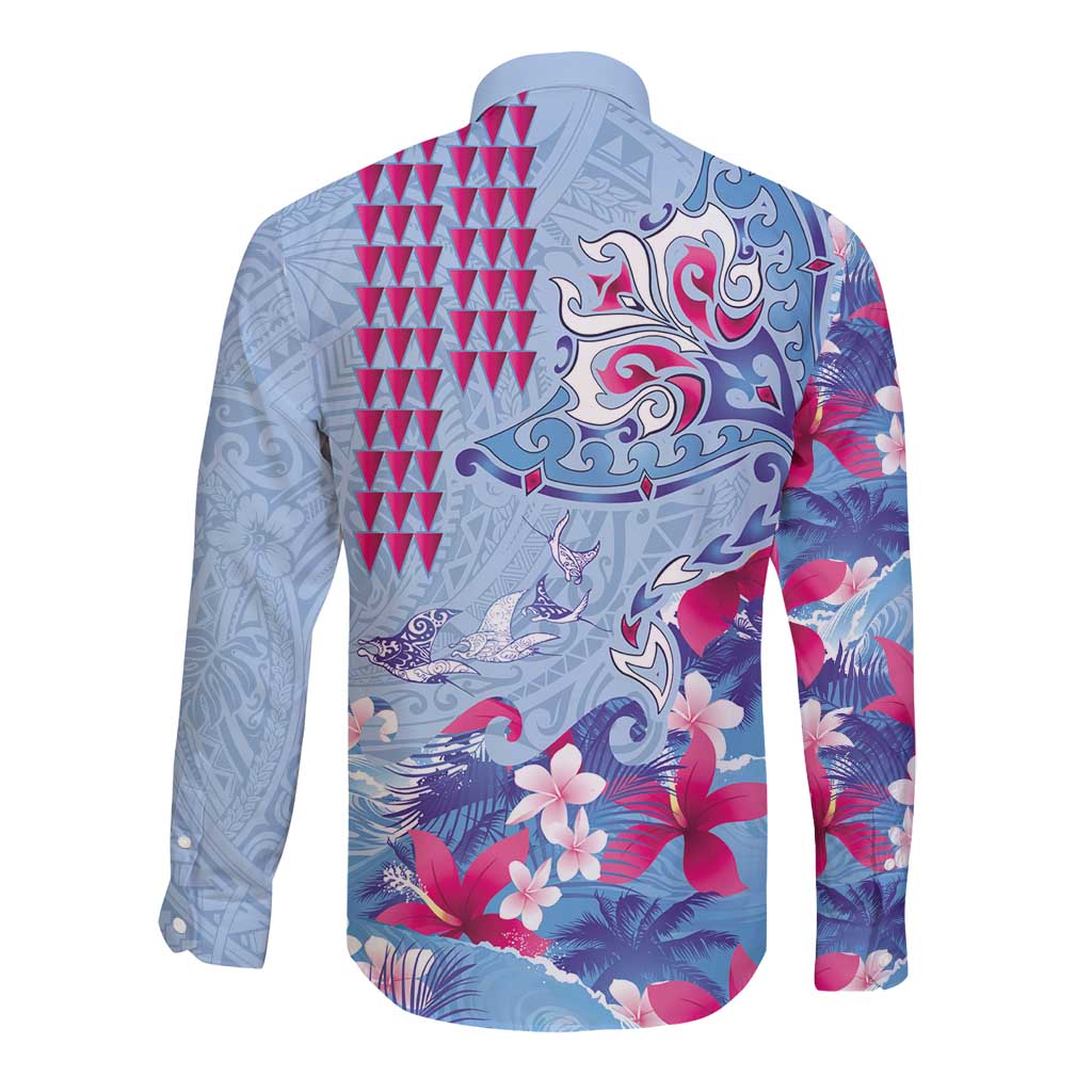 Hawaiian Tribal Manta Ray Long Sleeve Button Shirt Kakau Tattoo and Flowers Surfing Waves Pattern Soft Color