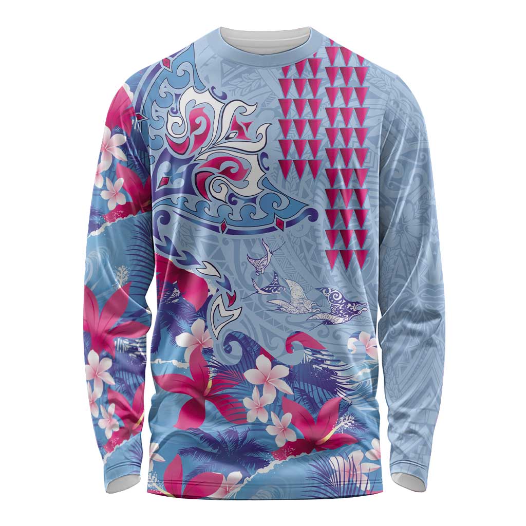 Hawaiian Tribal Manta Ray Long Sleeve Shirt Kakau Tattoo and Flowers Surfing Waves Pattern Soft Color