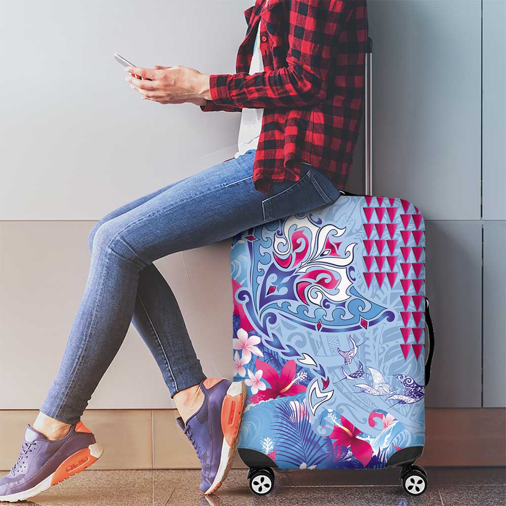 Hawaiian Tribal Manta Ray Luggage Cover Kakau Tattoo and Flowers Surfing Waves Pattern Soft Color