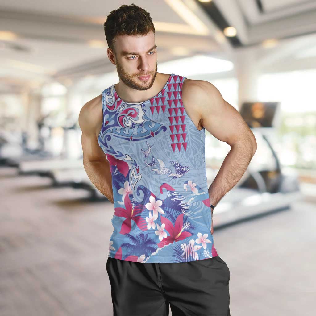 Hawaiian Tribal Manta Ray Men Tank Top Kakau Tattoo and Flowers Surfing Waves Pattern Soft Color