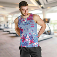 Hawaiian Tribal Manta Ray Men Tank Top Kakau Tattoo and Flowers Surfing Waves Pattern Soft Color