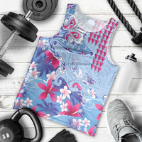 Hawaiian Tribal Manta Ray Men Tank Top Kakau Tattoo and Flowers Surfing Waves Pattern Soft Color
