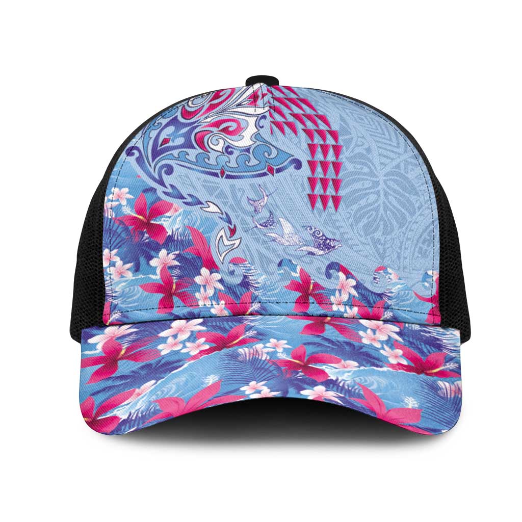 Hawaiian Tribal Manta Ray Mesh Trucker Cap Kakau Tattoo and Flowers Surfing Waves Pattern Soft Color