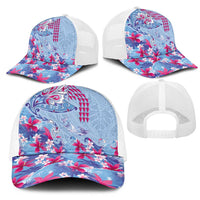 Hawaiian Tribal Manta Ray Mesh Trucker Cap Kakau Tattoo and Flowers Surfing Waves Pattern Soft Color
