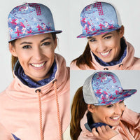 Hawaiian Tribal Manta Ray Mesh Trucker Cap Kakau Tattoo and Flowers Surfing Waves Pattern Soft Color
