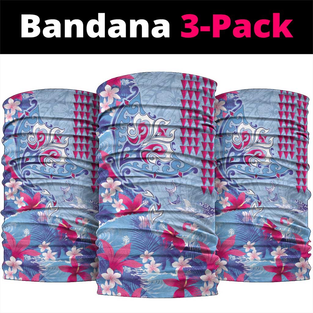 Hawaiian Tribal Manta Ray Neck Gaiter Kakau Tattoo and Flowers Surfing Waves Pattern Soft Color