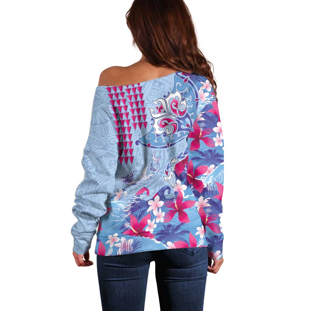 Hawaiian Tribal Manta Ray Off Shoulder Sweater Kakau Tattoo and Flowers Surfing Waves Pattern Soft Color