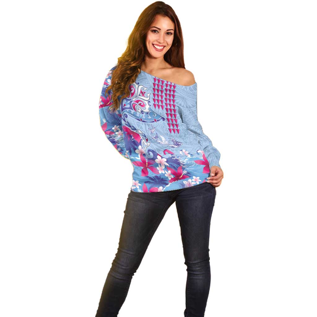 Hawaiian Tribal Manta Ray Off Shoulder Sweater Kakau Tattoo and Flowers Surfing Waves Pattern Soft Color