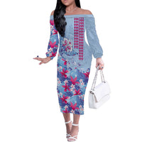 Hawaiian Tribal Manta Ray Off The Shoulder Long Sleeve Dress Kakau Tattoo and Flowers Surfing Waves Pattern Soft Color