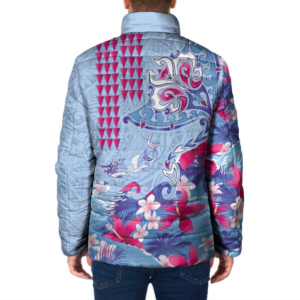 Hawaiian Tribal Manta Ray Padded Jacket Kakau Tattoo and Flowers Surfing Waves Pattern Soft Color