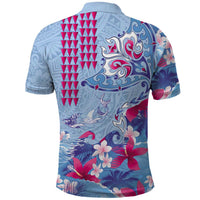Hawaiian Tribal Manta Ray Polo Shirt Kakau Tattoo and Flowers Surfing Waves Pattern Soft Color
