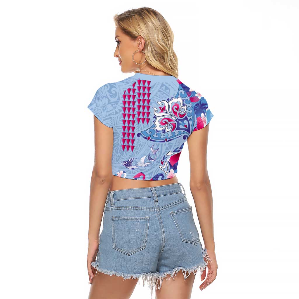 Hawaiian Tribal Manta Ray Raglan Cropped T Shirt Kakau Tattoo and Flowers Surfing Waves Pattern Soft Color