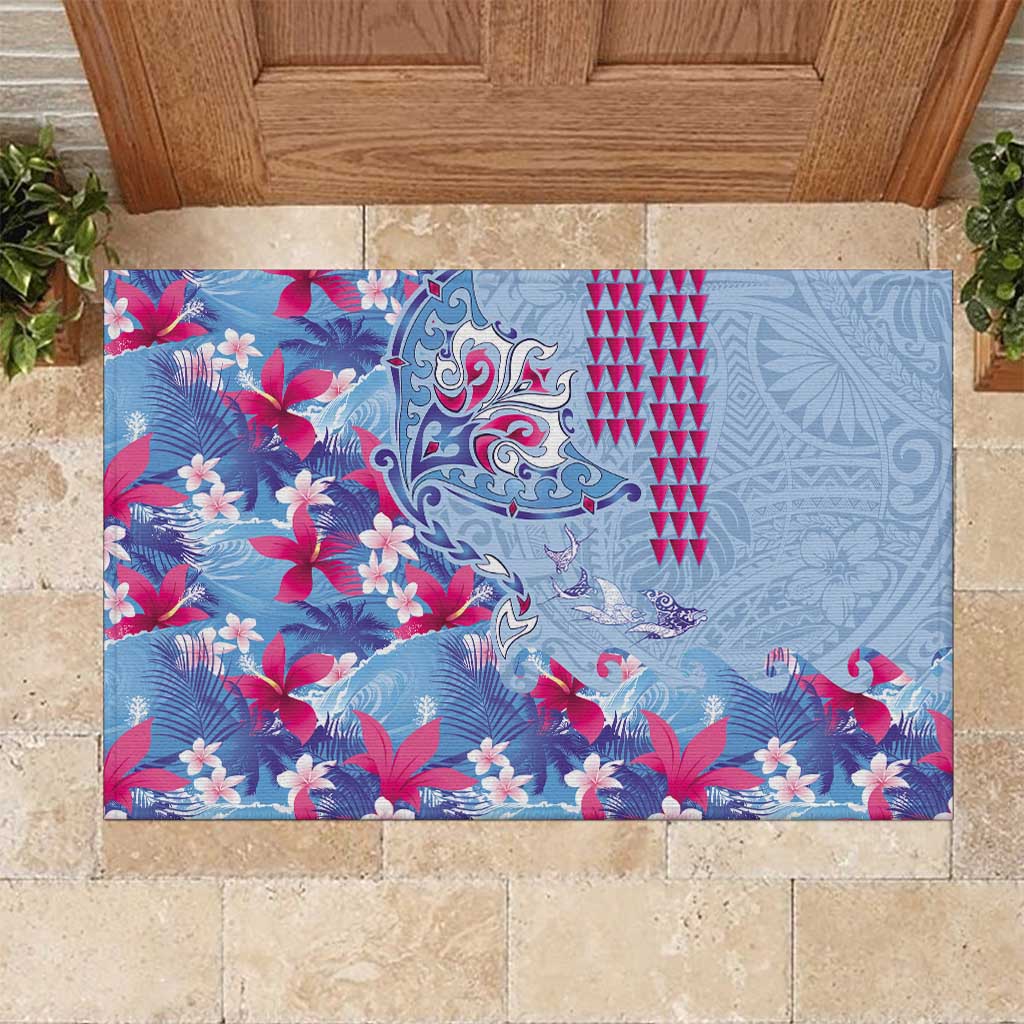 Hawaiian Tribal Manta Ray Rubber Doormat Kakau Tattoo and Flowers Surfing Waves Pattern Soft Color