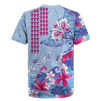 Hawaiian Tribal Manta Ray Rugby Jersey Kakau Tattoo and Flowers Surfing Waves Pattern Soft Color