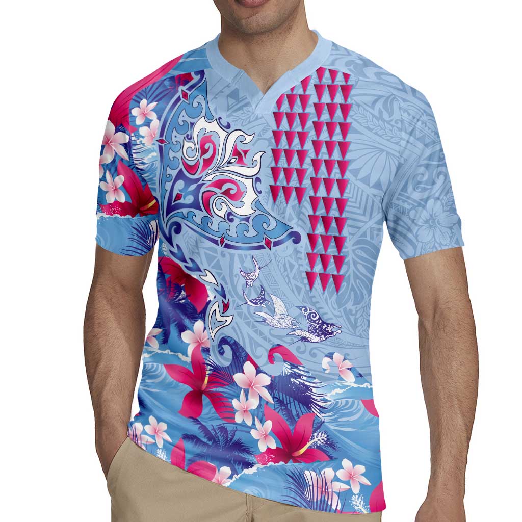 Hawaiian Tribal Manta Ray Rugby Jersey Kakau Tattoo and Flowers Surfing Waves Pattern Soft Color