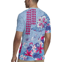 Hawaiian Tribal Manta Ray Rugby Jersey Kakau Tattoo and Flowers Surfing Waves Pattern Soft Color