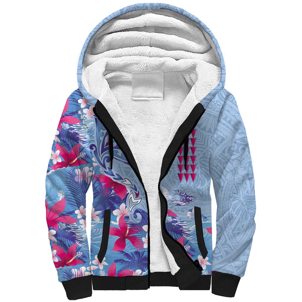 Hawaiian Tribal Manta Ray Sherpa Hoodie Kakau Tattoo and Flowers Surfing Waves Pattern Soft Color