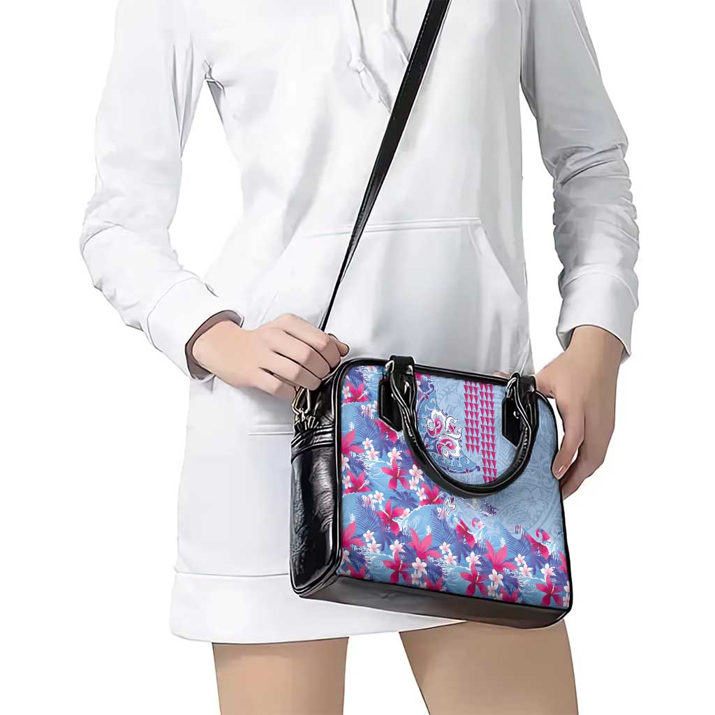 Hawaiian Tribal Manta Ray Shoulder Handbag Kakau Tattoo and Flowers Surfing Waves Pattern Soft Color