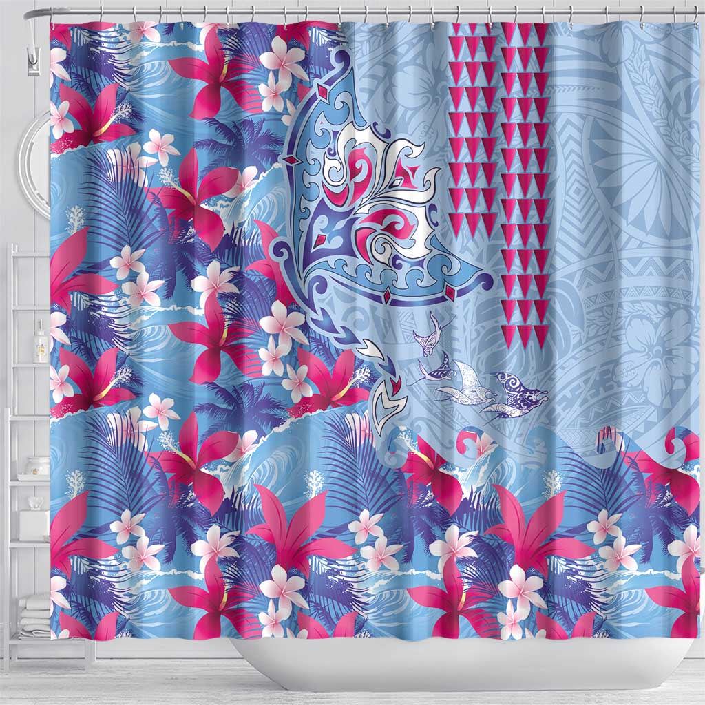 Hawaiian Tribal Manta Ray Shower Curtain Kakau Tattoo and Flowers Surfing Waves Pattern Soft Color