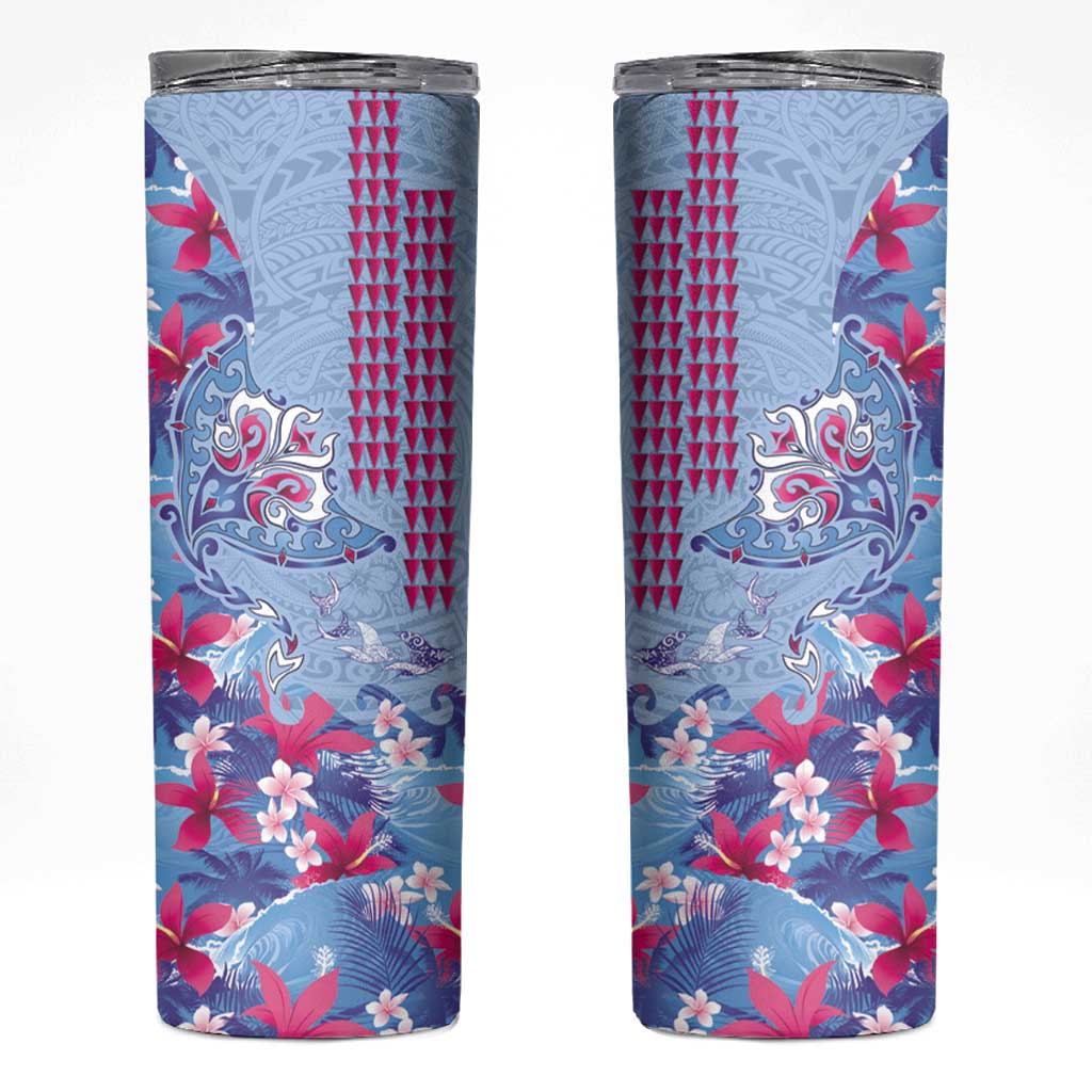 Hawaiian Tribal Manta Ray Skinny Tumbler Kakau Tattoo and Flowers Surfing Waves Pattern Soft Color