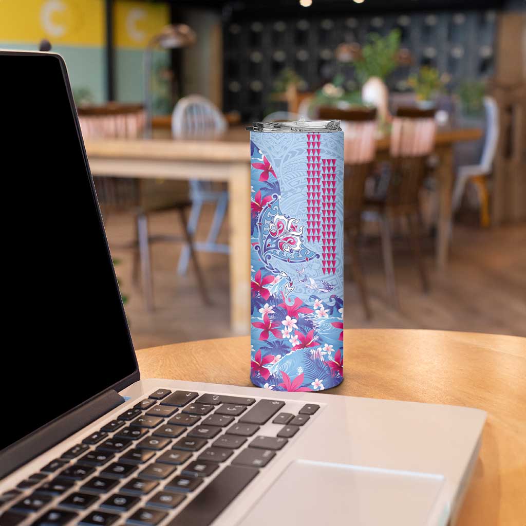 Hawaiian Tribal Manta Ray Skinny Tumbler Kakau Tattoo and Flowers Surfing Waves Pattern Soft Color LT03 - Polynesian Pride