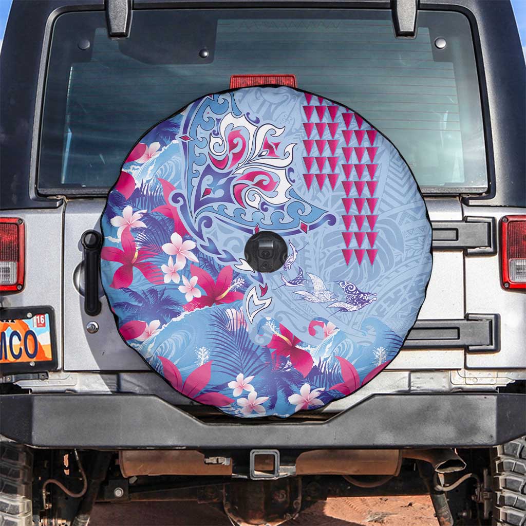Hawaiian Tribal Manta Ray Spare Tire Cover Kakau Tattoo and Flowers Surfing Waves Pattern Soft Color