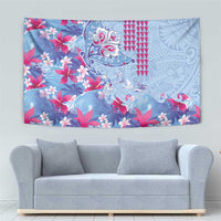 Hawaiian Tribal Manta Ray Tapestry Kakau Tattoo and Flowers Surfing Waves Pattern Soft Color