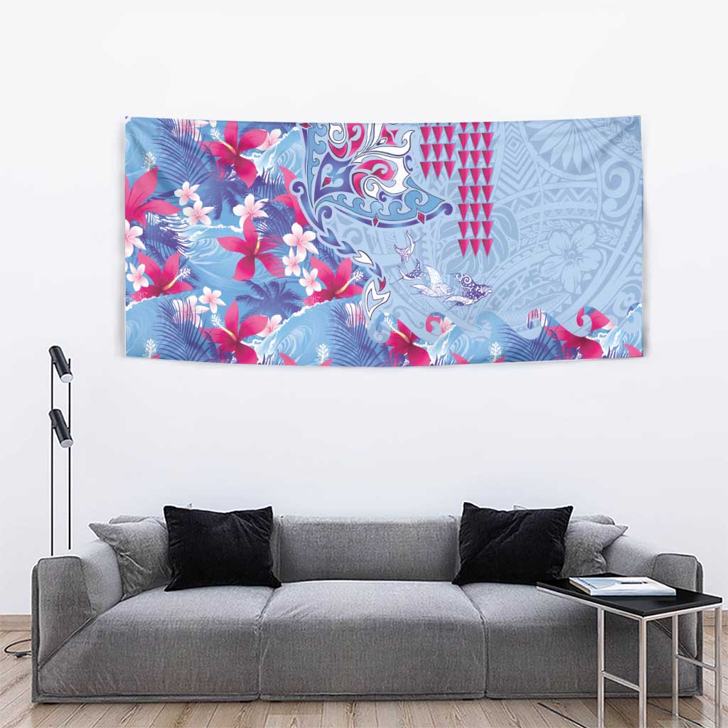 Hawaiian Tribal Manta Ray Tapestry Kakau Tattoo and Flowers Surfing Waves Pattern Soft Color