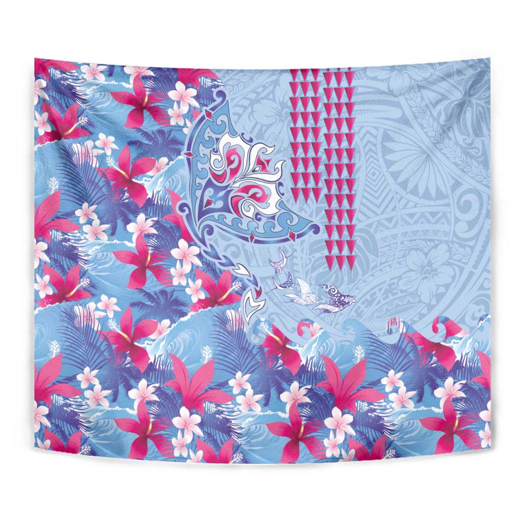 Hawaiian Tribal Manta Ray Tapestry Kakau Tattoo and Flowers Surfing Waves Pattern Soft Color