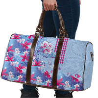 Hawaiian Tribal Manta Ray Travel Bag Kakau Tattoo and Flowers Surfing Waves Pattern Soft Color