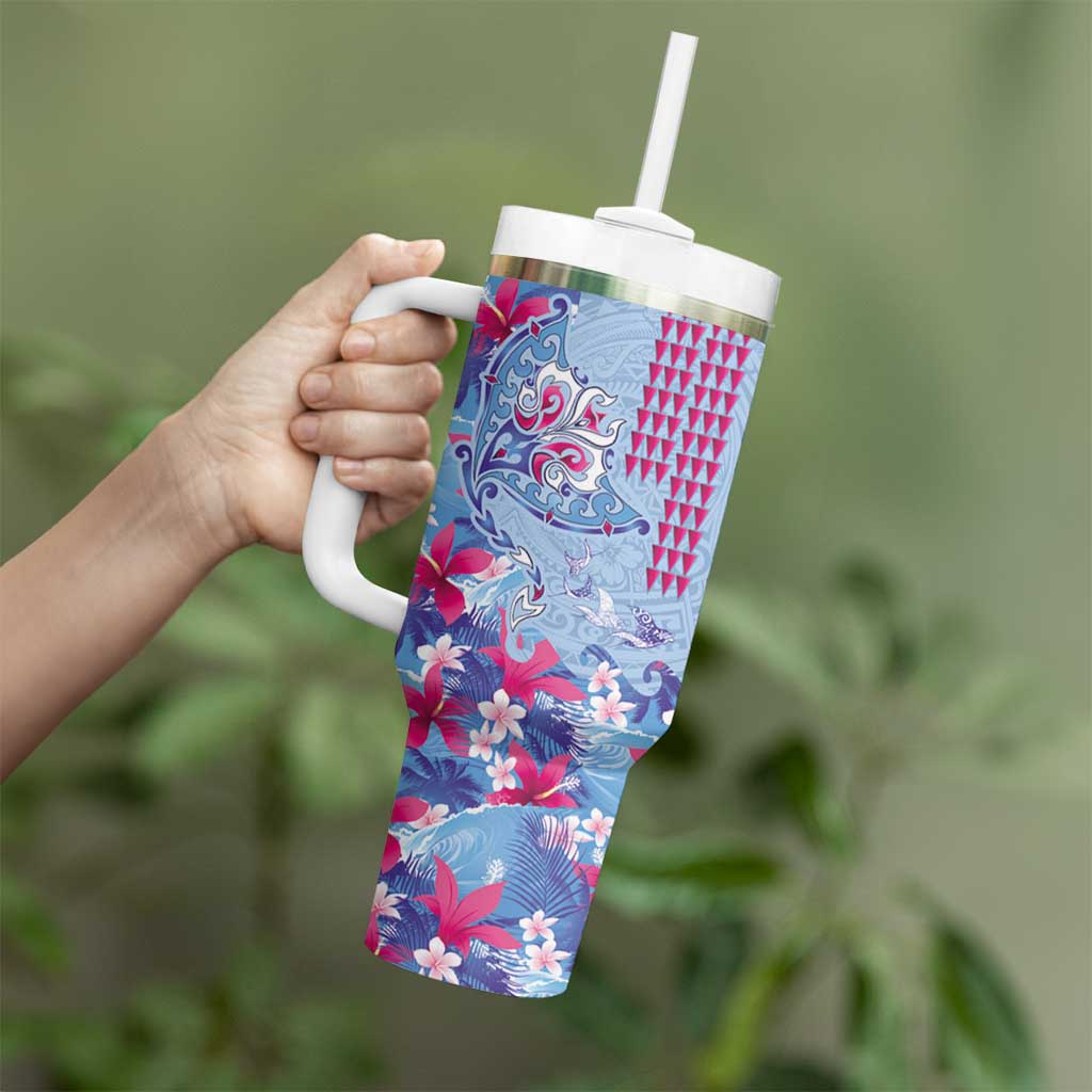 Hawaiian Tribal Manta Ray Tumbler With Handle Kakau Tattoo and Flowers Surfing Waves Pattern Soft Color