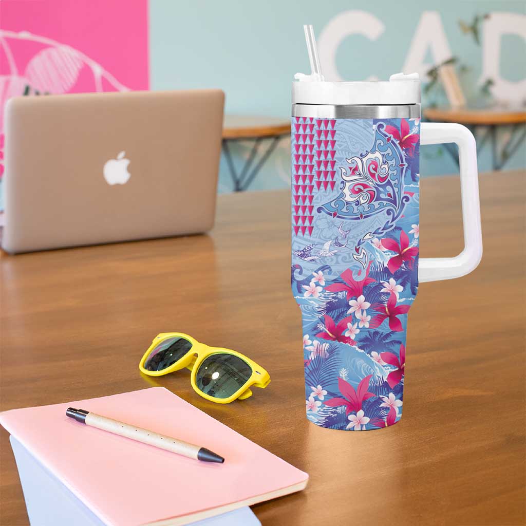 Hawaiian Tribal Manta Ray Tumbler With Handle Kakau Tattoo and Flowers Surfing Waves Pattern Soft Color