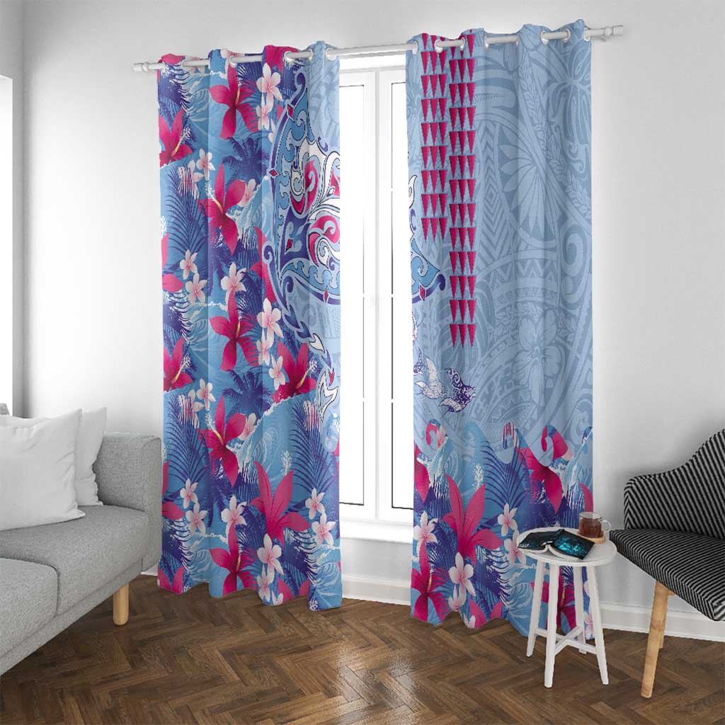 Hawaiian Tribal Manta Ray Window Curtain Kakau Tattoo and Flowers Surfing Waves Pattern Soft Color