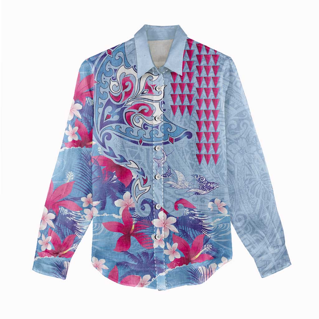 Hawaiian Tribal Manta Ray Women Casual Shirt Kakau Tattoo and Flowers Surfing Waves Pattern Soft Color LT03 - Polynesian Pride