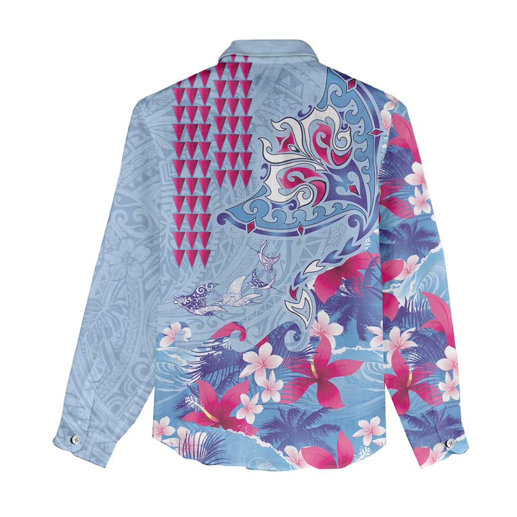 Hawaiian Tribal Manta Ray Women Casual Shirt Kakau Tattoo and Flowers Surfing Waves Pattern Soft Color LT03 - Polynesian Pride